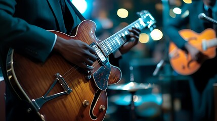 Obraz premium Close-up of a musician playing a guitar on stage during a performance.