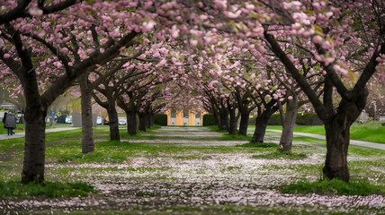 Blossoming cherry trees with petals scattered on the ground.