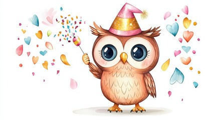 Naklejka premium A festive owl wearing a party hat, holding a sparkler, surrounded by colorful hearts and confetti