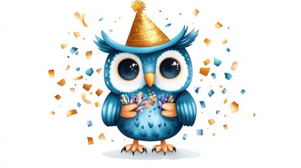Naklejka premium A festive blue owl wearing a party hat, holding colorful confetti and surrounded by falling decorations