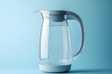 Stylish grey water filter pitcher with ergonomic handle on a light blue background