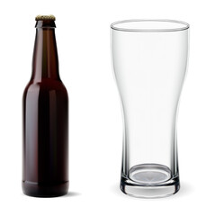 Brown glass beer bottle with beer glass vector mockup. Bar brand craft ale, transparent glassware packaging concept. Fresh lager drink amber bottle, beverage advertising