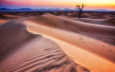 A desert with rippled sand dunes and a lone tree.