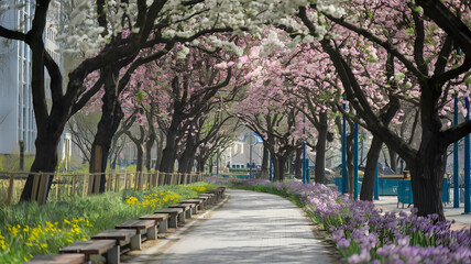 Urban park with a scenic walking path in spring bloom.