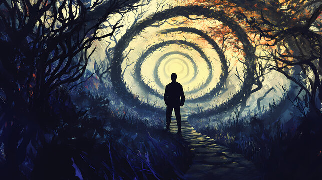Introspective journey through lifes labyrinthine paths seeking inner truth symbolic silhouette art. Labyrinthine. Illustration