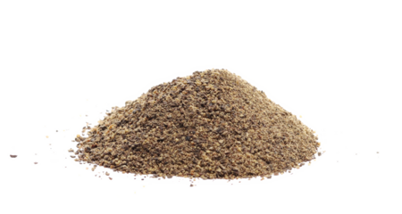 Minced black pepper, ground peppercorn pile isolated on white