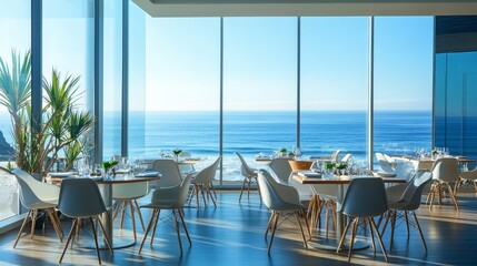 Fototapeta premium Savoring a delightful breakfast with breathtaking ocean views at a luxurious hotel by the sea