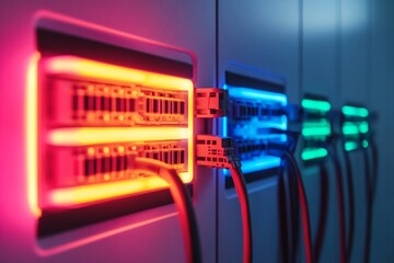 High tech communication cables glowing brightly in server room