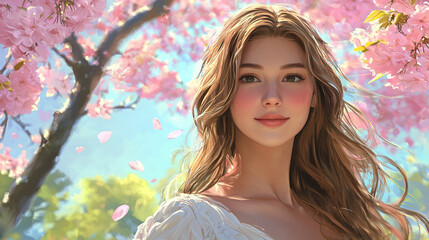 Fototapeta premium Gentle portrait of a woman in a blooming garden with vibrant flowers and sharp details