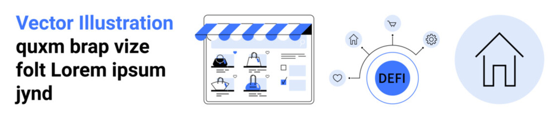 Shopping website interface, decentralized finance DeFi connections, and home icon. Ideal for online shopping, DeFi, fintech, real estate, cybersecurity, network integration software development