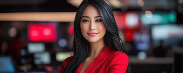 Confident female news anchor in professional broadcast studio