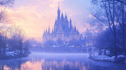 Naklejka premium Enchanting Winter Wonderland: Snow-covered Fairy-Tale Castle with Magical Christmas Celebration and Glowing Lights | Ultra-Detailed Fantasy Image