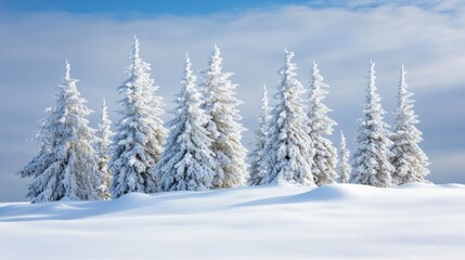 Fototapeta premium Snow-Covered Fir Trees on a Snowy Mountaintop