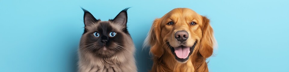 Obraz premium A cat and a dog are standing next to each other. The cat is looking at the camera and the dog is wagging its tail