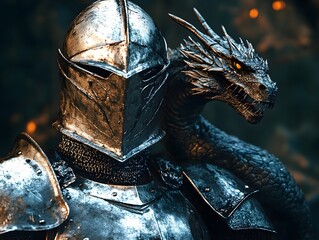 Medieval knight in shining armor with a dragon