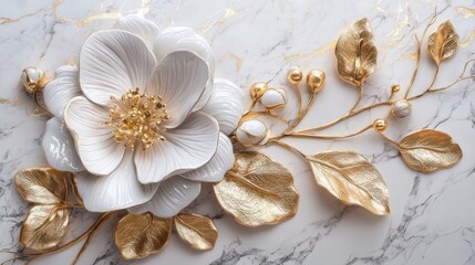 Fototapeta premium Elegant white and gold floral 3D design on marble.
