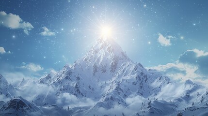Enchanted Snowy Mountain Peak with Giant Christmas Star: Fantasy Holiday Celebration