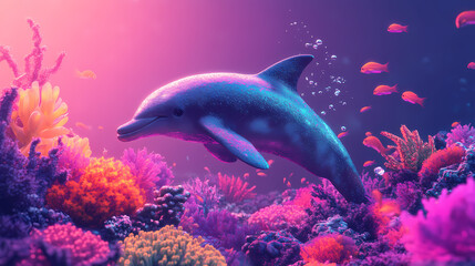 Obraz premium Dolphin's paradise: vibrant underwater world 3d render with colorful fish and coral. Labyrinthine. Illustration