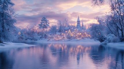 Naklejka premium Enchanted Winter Scene: Frozen Lake Reflecting Magical Christmas Village as Fantasy Beings Celebrate with Joy - Ultra-Detailed