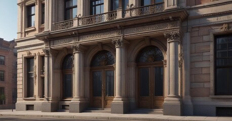 Exterior of a historic office building with ornate details, ornate, vintage