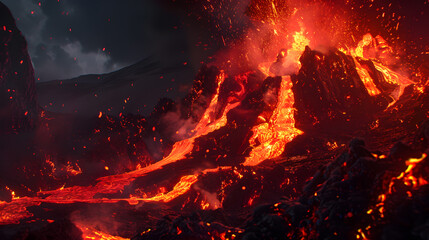 A volcano with lava spewing out of it. 
