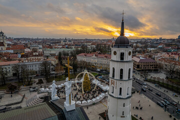 Aerial winter morning sunrise view of Cathedral Square, Vilnius old town, Christmas Tree, Lithuania