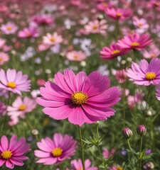 Obraz premium Close-up of a pink cosmos flower in a field of colorful blooms, summer, details, close-up