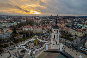 Aerial winter morning sunrise view of Cathedral Square, Vilnius old town, Christmas Tree, Lithuania