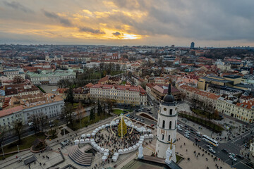 Aerial winter morning sunrise view of Cathedral Square, Vilnius old town, Christmas Tree, Lithuania