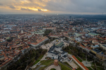 Aerial winter morning sunrise view of Cathedral Square, Vilnius old town, Christmas Tree, Lithuania