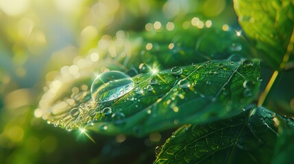 Close-up of dewy green leaves glistening in sunlight.