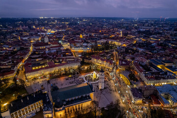 Aerial winter morning sunrise view of Cathedral Square, Vilnius old town, Christmas Tree, Lithuania