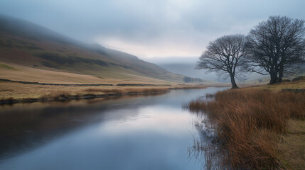 Tranquil River with Trees in Misty Valley