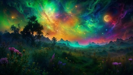 Detailed fantasy landscape planet tundra flowers in the glowing starry sunny green colorful light mountains poster banner hd ultra high resolution quality moon bright rainbow peaceful scene