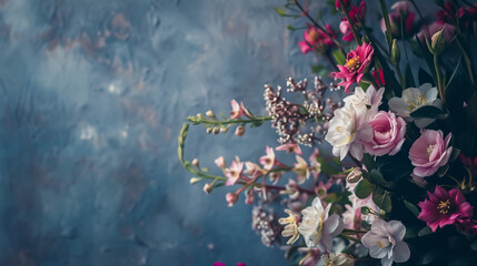 Spring bouquet of mixed flowers against a vintage gray wall background.