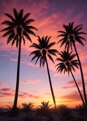 Palm trees silhouetted against a colorful sunset sky, scenic, serene