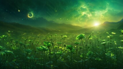Obraz premium Detailed fantasy landscape planet tundra flowers in the glowing starry sunny green colorful light mountains poster banner hd ultra high resolution quality moon bright peaceful scene