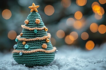Knitted decorated christmas tree toy. New Year 2025