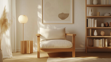 Minimalist Scandinavian reading nook with wooden chair and bookshelf
