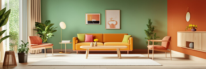 Mid-century modern living room with vibrant orange and green accents
