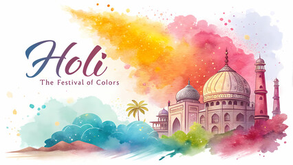 Holi festival with colorful splash and Indian temple