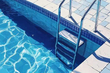 Serene swimming pool with blue tiles and metal ladder under sun