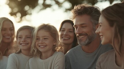 Obraz premium Family of five, consisting of a father, mother, and two young girls, sitting together and smiling at each other.