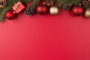 Festive arrangement of Christmas ornaments, pine cones, and gift boxes on a red background in a minimalist style