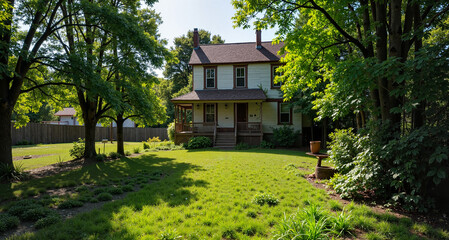 Obraz premium Charming house surrounded by lush greenery and a well-kept garden under bright sunlight