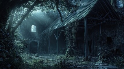 Sunbeams illuminate an abandoned stone barn in the woods.