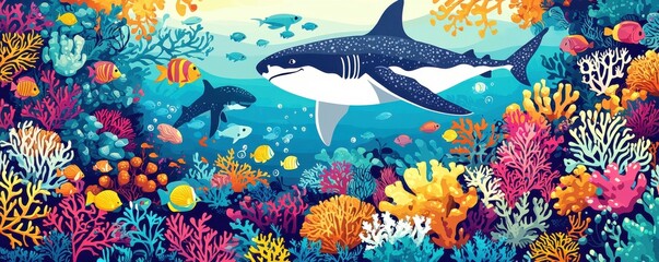 Obraz premium Vibrant underwater scene with stylized sea life and coral reef