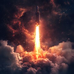 Rocket launching through fiery clouds and dark space.