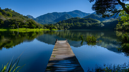 Serene Lake with Wooden Pier and Majestic Mountain Reflections Under Clear Blue Sky