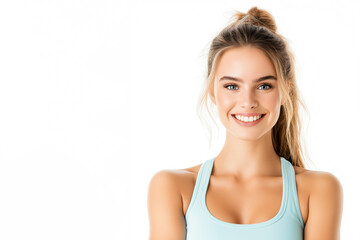 Fototapeta premium Smiling Woman in Light Blue Athletic Wear Poses Confidently, Radiating Positivity and Fitness Awareness in a Bright, Minimalist Setting